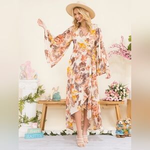 Floral Wrap Maxi Dress with Bell Sleeves - Cream/Multi
